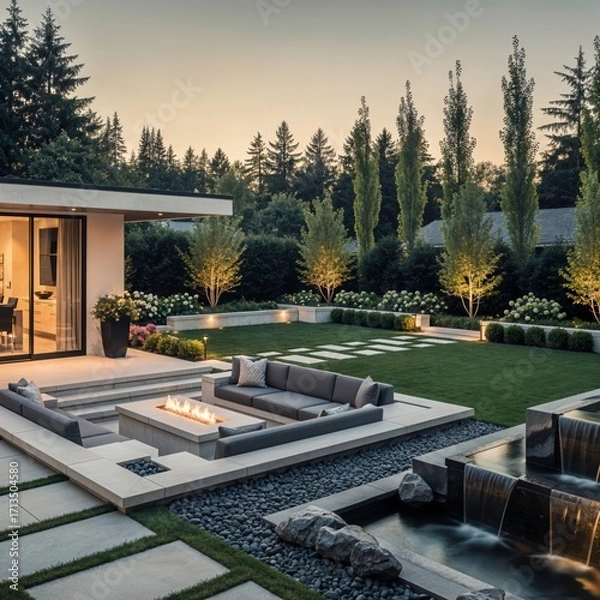 Fototapeta Modern Backyard with Fire Pit Lounge and Water Feature
