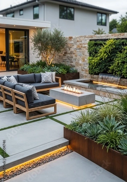 Fototapeta Modern backyard landscape design with comfortable seating, string lights, fireplace.