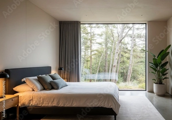Fototapeta Modern living room with large window in minimal design and decoration.