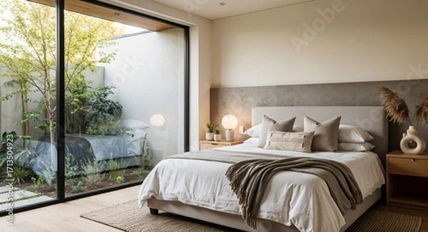 Fototapeta Modern bedroom with large glass window and forest view.
