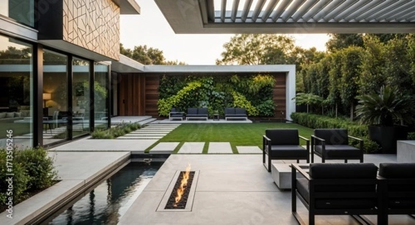 Fototapeta Modern Luxury Patio with Fire Pit and Vertical Garden, Landscape and architecture design.