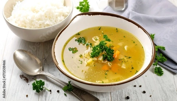 Fototapeta Creamy soup with rice on a light wooden table
