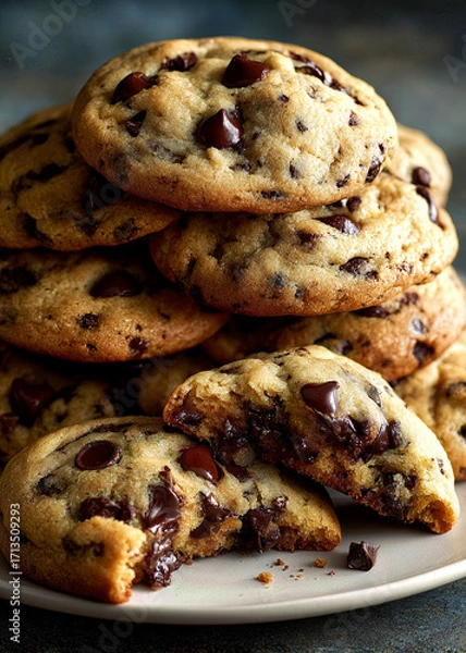Fototapeta Deliciously golden cookies with melted chocolate chips are stacked high on a white plate. The inviting aroma fills the kitchen, perfect for sharing after a long day.