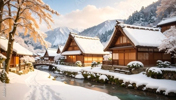 Fototapeta 灯の漏れる美しい温泉宿、雪の国日本の観光地