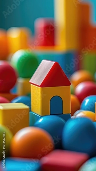 Fototapeta A house made of blocks is sitting on top of a pile of colorful balls