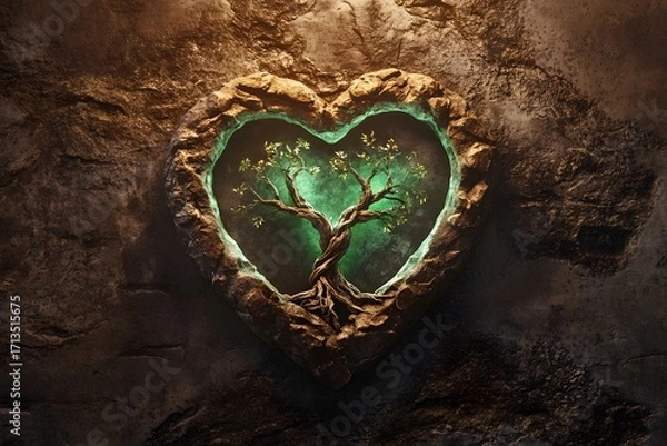 Fototapeta Heart Shaped Stone with Tree Growing Inside and Green Glow