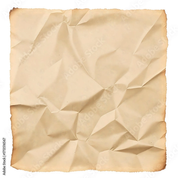 Fototapeta Antique crumpled parchment paper with scorched and burnt edges, featuring a rich, wrinkled texture isolated on a white background