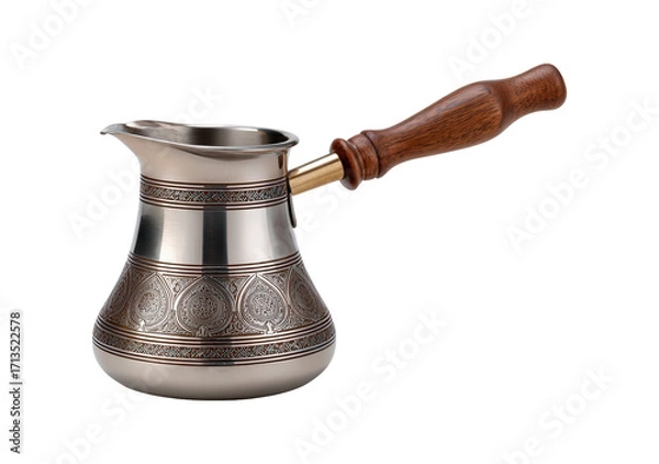 Fototapeta Intricately designed copper coffee pot with wooden handle on transparent background, PNG