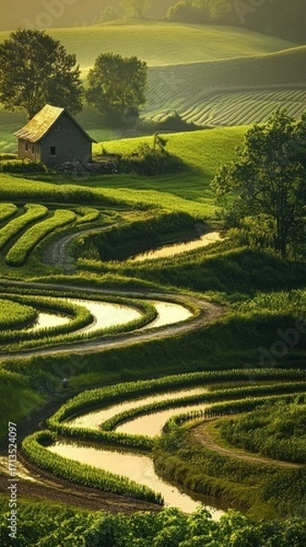 Fototapeta A house is on a hill with a green field in the background
