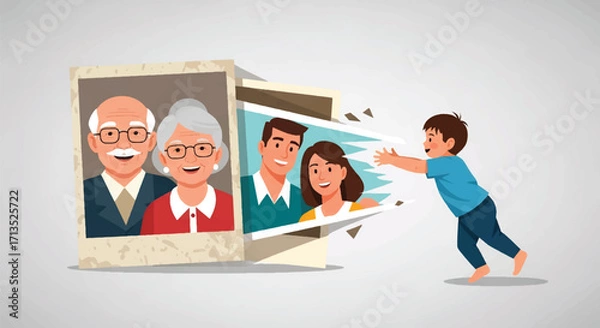 Fototapeta Adobe illustrator artwork vector illustration. A joyful boy reaches out to two fading family photos, one of grandparents and one of parents, symbolizing memories or connection