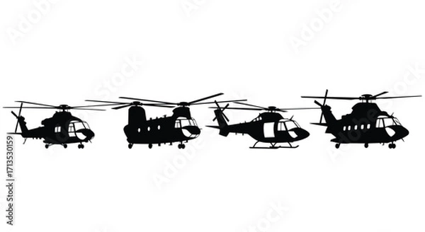 Fototapeta Diverse military helicopter fleet silhouettes isolated on white demonstrating air power and aviation technology vector