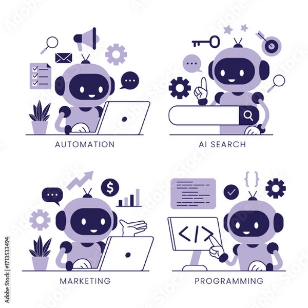 Fototapeta Robot character uses automation marketing tools, answer questions trough AI search technology and assist with coding. Artificial intelligence in business concept set. Vector illustration