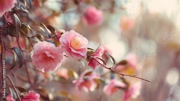 Obraz Delicate Pink Camellia Blossoms in Soft Sunlight