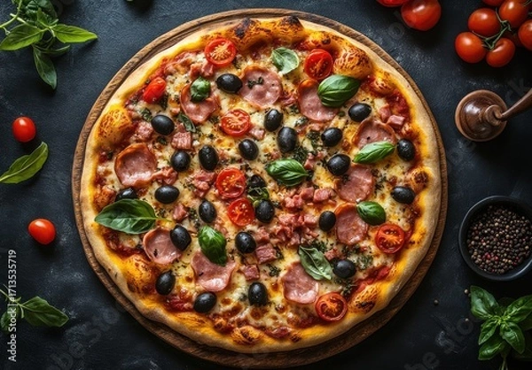 Obraz Delicious Ham And Olive Pizza On Dark Background