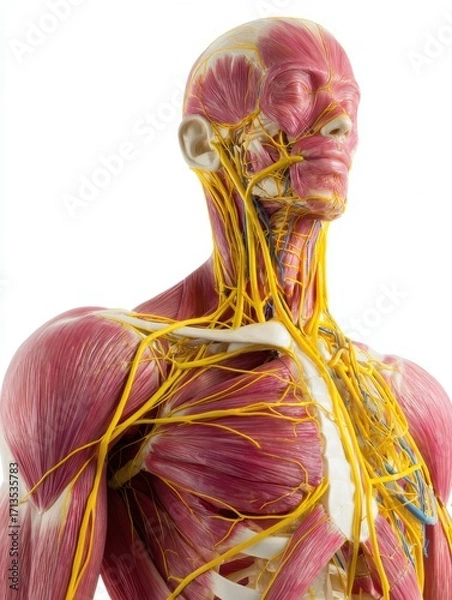 Obraz Detailed Anatomical Model of Upper Body Muscles, Nerves, and Veins