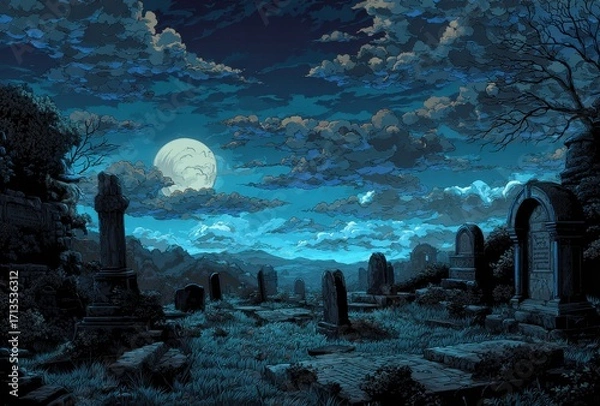 Obraz Eerie Graveyard Night Scene Under a Full Moon, Pixel Art Style