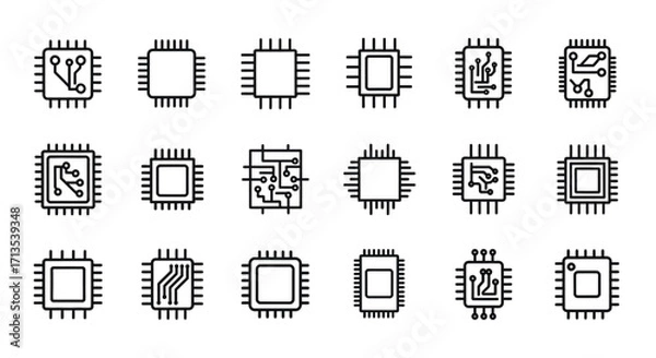 Fototapeta Diverse hand-drawn microchip icons representing modern technology and digital circuitry concepts vector