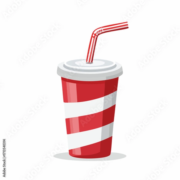 Fototapeta Red and white striped disposable soda cup with a white lid and bent straw vector illustration.