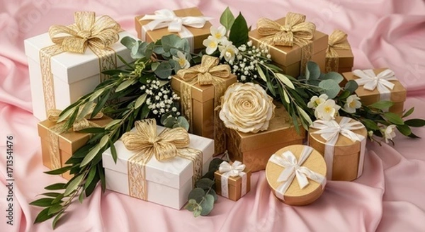 Fototapeta Elegant gift boxes with gold ribbons and floral accents on a soft pink satin background create a luxurious and festive atmosphere