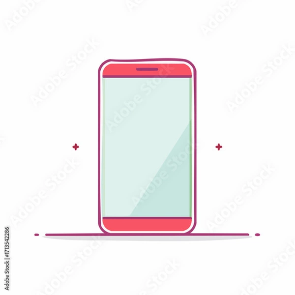 Fototapeta A handdrawn red smartphone illustration with a purple outline and a blank light blue screen.