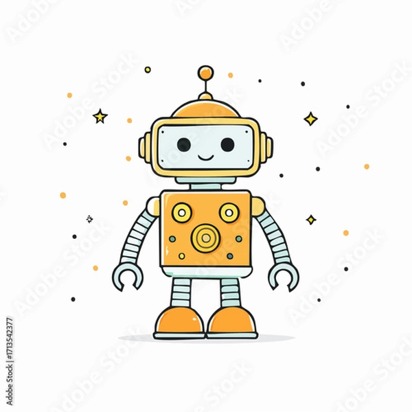 Fototapeta Cheerful Cartoon Robot with Orange and Yellow Body Smiling Face.