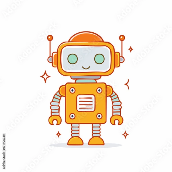 Fototapeta Friendly orange and yellow cartoon robot illustration with antennae smiling face and segmented limbs.