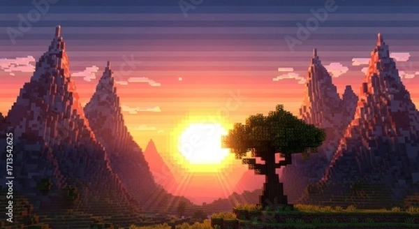 Fototapeta Pixel art landscape featuring mountains, a tree, and a sunset, evoking a sense of adventure and nostalgia
