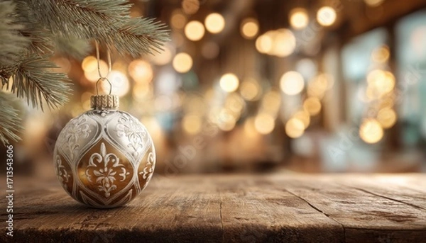 Obraz Gold Christmas Ornament on Rustic Wood with Warm Lights