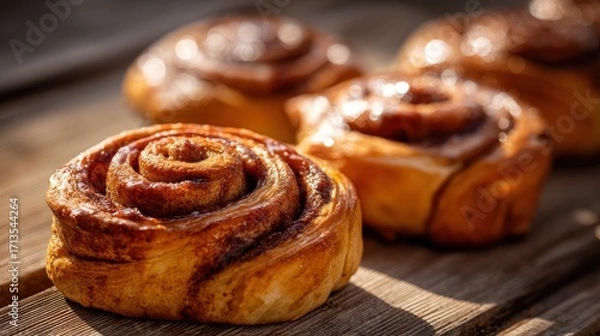 Obraz Golden Brown Cinnamon Rolls on Rustic Wood