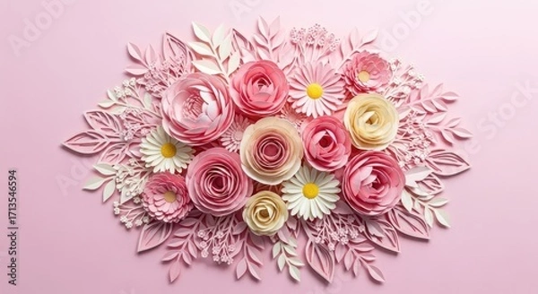Fototapeta Top view of beautiful paper flowers and leaves on a pink background, perfect for adding a touch of elegance to any design