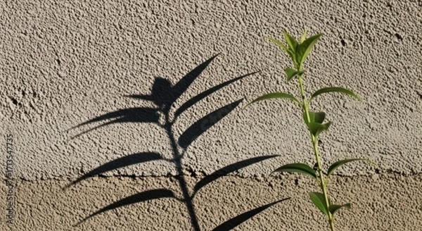 Fototapeta Plant casting a shadow on a textured wall, creating a contrast between nature and architecture in a simple composition