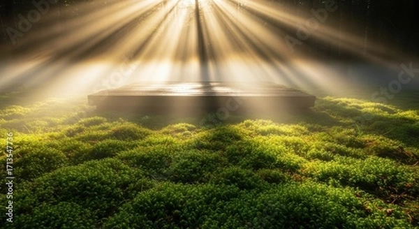 Fototapeta Sunlight streams onto a mossy platform, creating a mystical and ethereal atmosphere, perfect for showcasing a product or concept