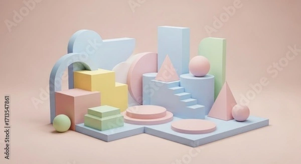 Fototapeta Pastel geometric shapes composition with cubes, spheres, pyramids, stairs, and arches on a soft pink background