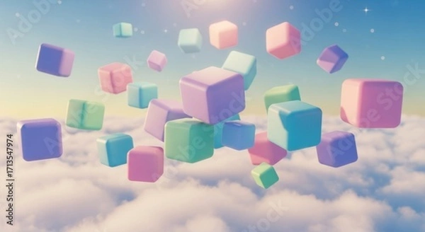Fototapeta Colorful cubes floating in the sky with clouds, stars, and a soft light, creating a dreamy atmosphere