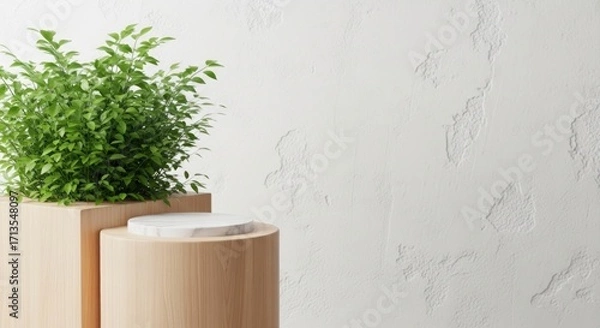 Fototapeta Minimalist product display with a plant on a wooden podium against a textured white wall background