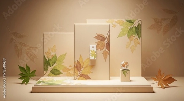 Fototapeta Elegant gift boxes and perfume bottle adorned with maple leaf designs on a beige platform and background