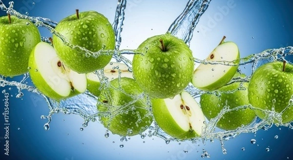 Fototapeta Fresh green apples with water splash on a blue background, showcasing the crispness and juiciness of the fruit