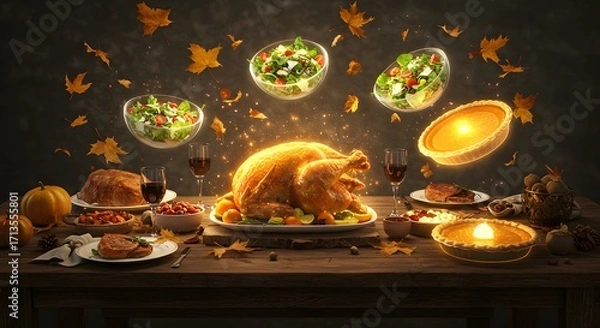 Fototapeta A Fantastical Thanksgiving Dinner: Glowing Turkey, Floating Food, and Swirling Autumn Leaves