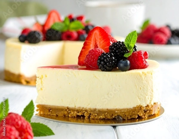 Obraz Fresh cheesecake slice with berries