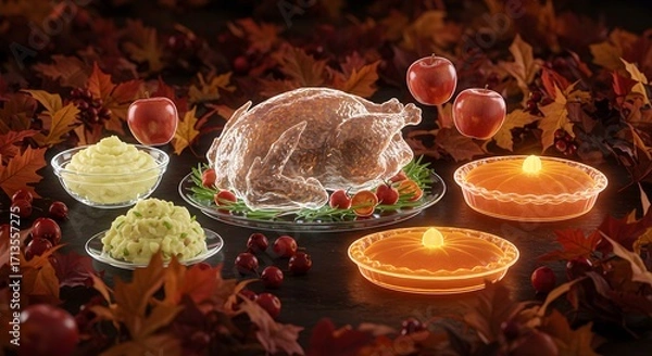 Fototapeta Ethereal Thanksgiving Feast: Transparent Turkey, Floating Apples, Glowing Pies