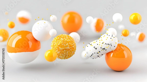 Obraz Image showcases abstract 3D rendering glossy orange white spheres, some textured, yellow black speckles, floating against a light grey background.