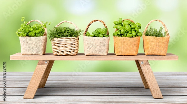 Obraz Five baskets fresh herbs (basil, rosemary, dill, parsley, mint) sit a small wooden table against a blurred green background.