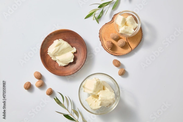 Fototapeta Simple overhead layout with glass jar of shea butter, whole nuts, wooden dish and olive twig against white background for natural skincare ingredient themes.