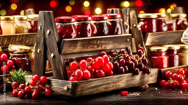 Obraz Close-up assorted jars homemade red grape jam displayed a rustic wooden crate fresh red grapes berries. Perfect food blogs, magazines, packaging.