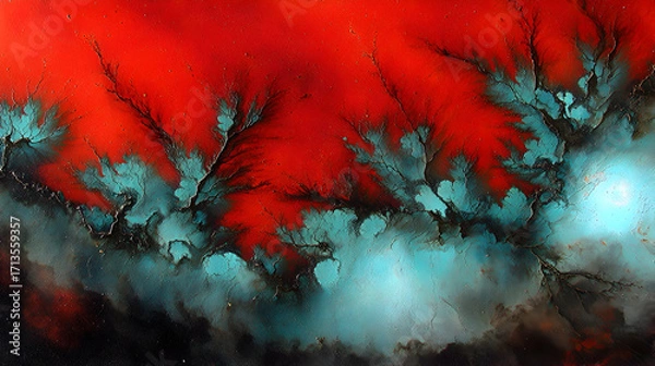 Obraz Abstract painting showcasing a dramatic interplay crimson red teal blue, resembling fiery branches against a celestial backdrop. textured strokes create a captivating visual experience.