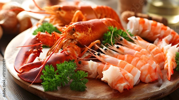 Obraz A delectable platter featuring succulent lobster shrimp, garnished fresh parsley, arranged a rustic wooden board.