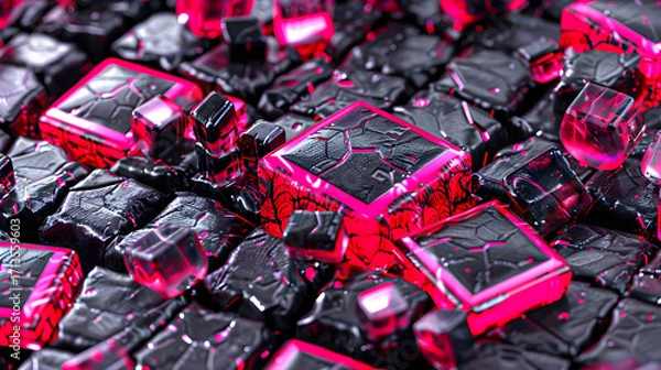 Obraz Close-up glowing pink black cracked cubes a 3D render.
