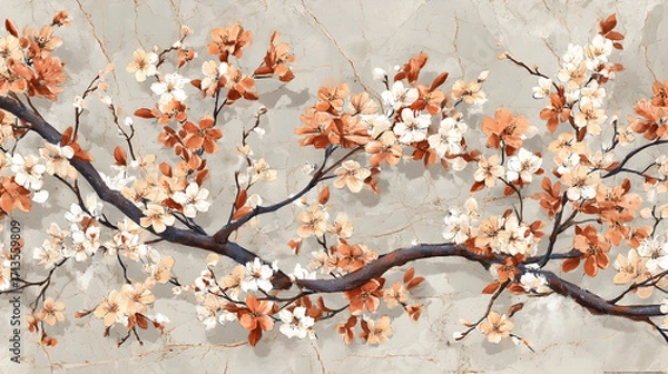 Obraz Painting delicate peach white blossoms a marble background. Perfect home decor design projects.
