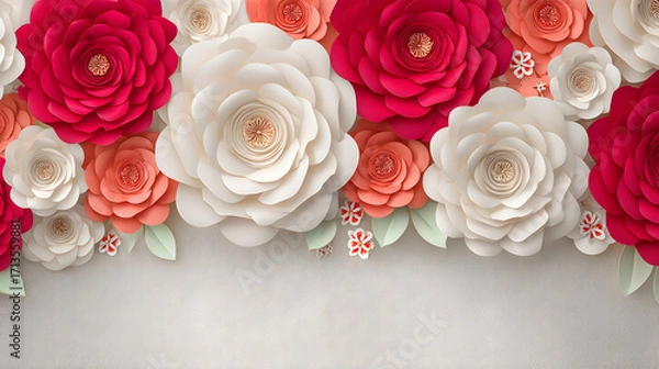 Obraz Image large, intricately crafted paper flowers shades red, white, coral, arranged against a neutral background, perfect wedding invitations feminine designs.