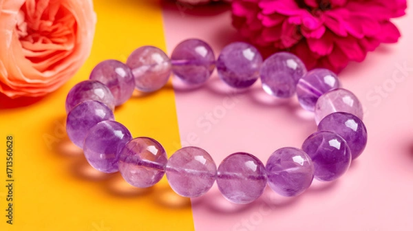 Obraz Close-up shot a beautiful amethyst bracelet resting a pink yellow background, adorned delicate flowers.